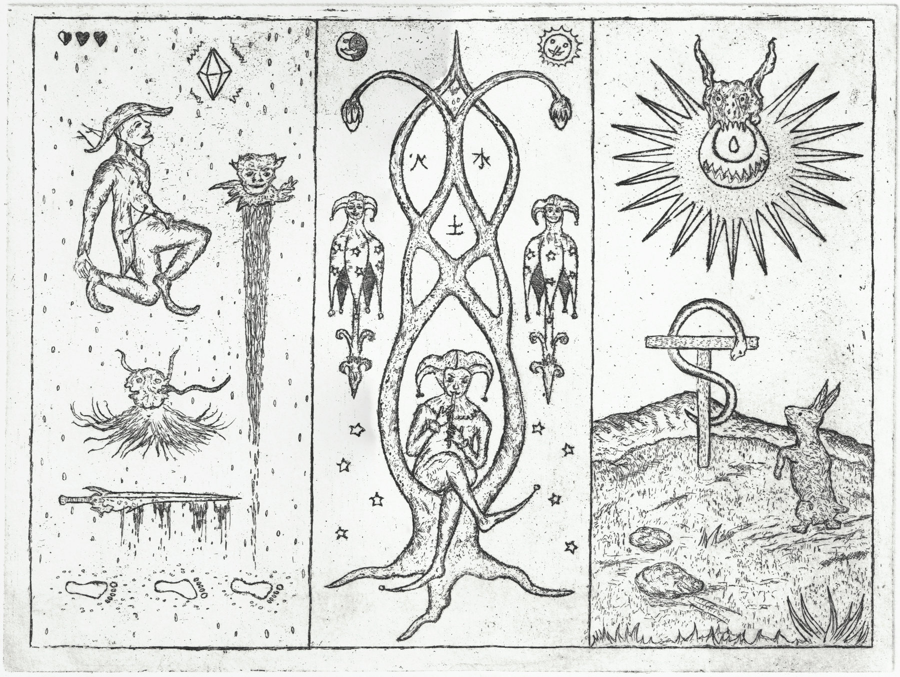 Oliver McConnie, Vision of a Fool, etching, 18 x 24cm, 2008. Plate mark crop.