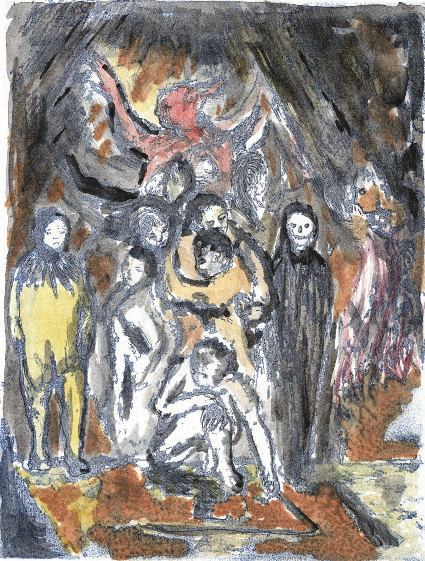 Oliver McConnie, Weary Bones, relief etching, 16 x 12cm, 2015. Plate mark crop.