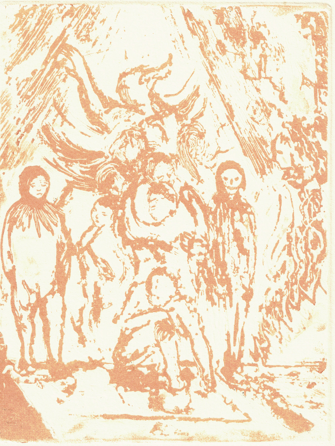 Oliver McConnie, Weary Bones, relief etching, 16 x 12cm, 2015. Plate mark crop.