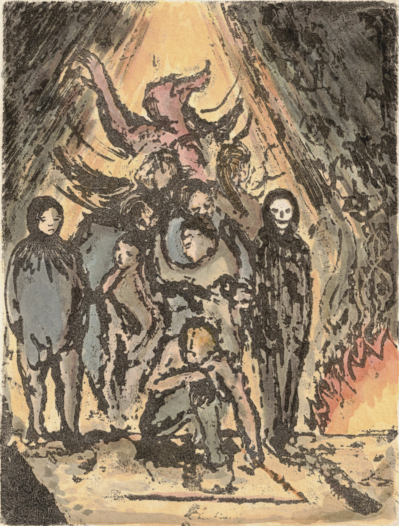 Oliver McConnie, Weary Bones, relief etching, 16 x 12cm, 2015. Plate mark crop.