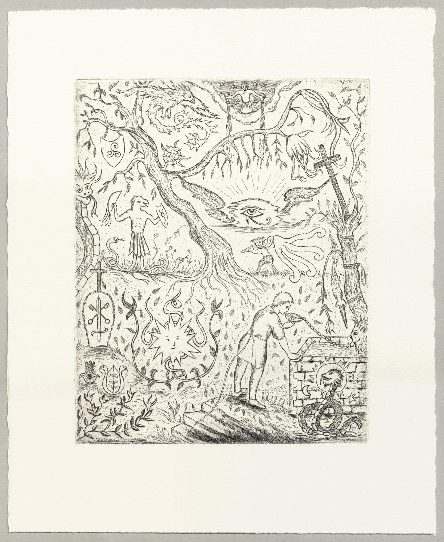 Oliver McConnie, Insignia Ablaze, etching, 25 x 20cm, 2025. Full sheet.