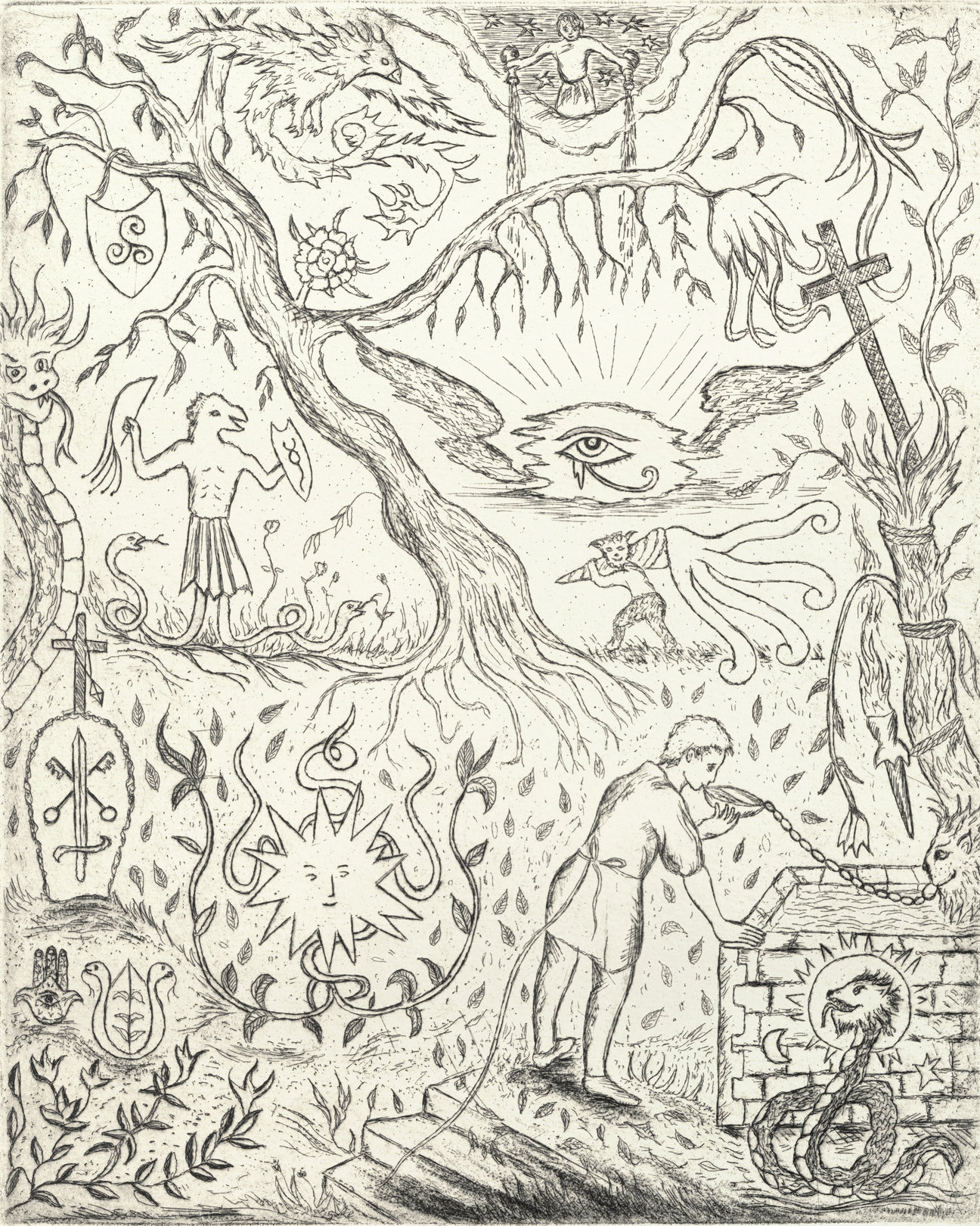 Oliver McConnie, Insignia Ablaze, etching, 25 x 20cm, 2025. Plate mark crop.