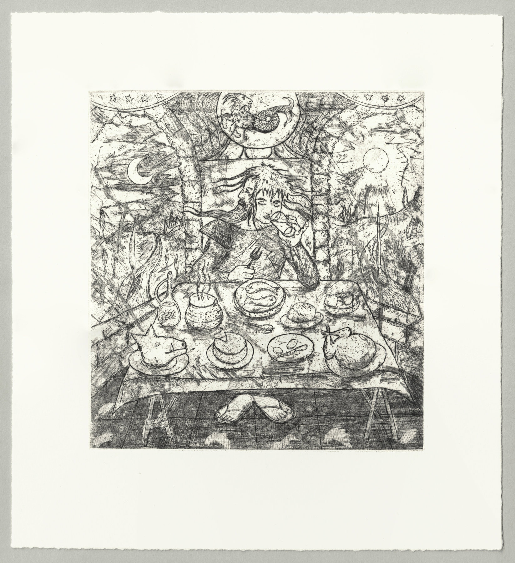 Oliver McConnie, Janus the Threshold Guardian, etching, 17 x 16cm, 2026. Full sheet.