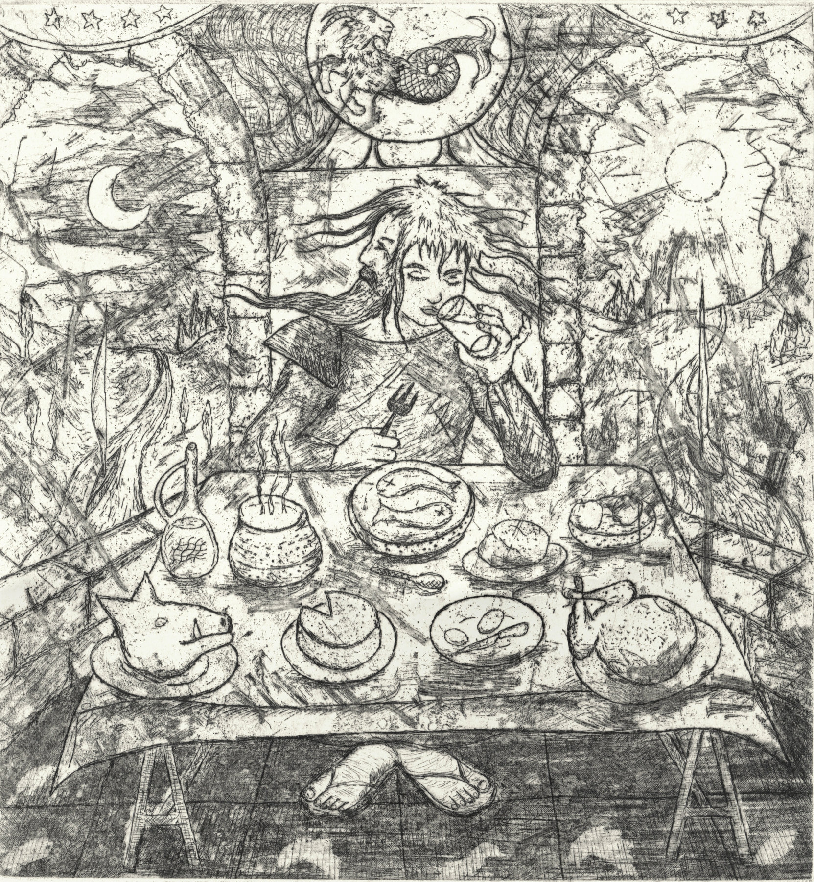 Oliver McConnie, Janus the Threshold Guardian, etching, 17 x 16cm, 2026. Plate mark crop.
