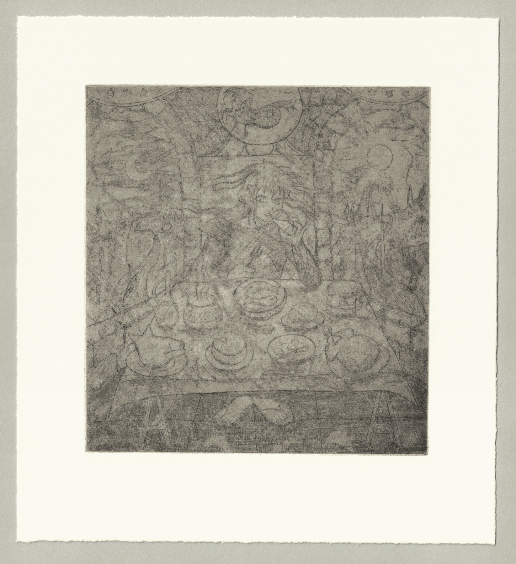 Oliver McConnie, Janus the Threshold Guardian, etching, 17 x 16cm, 2026. Full sheet.
