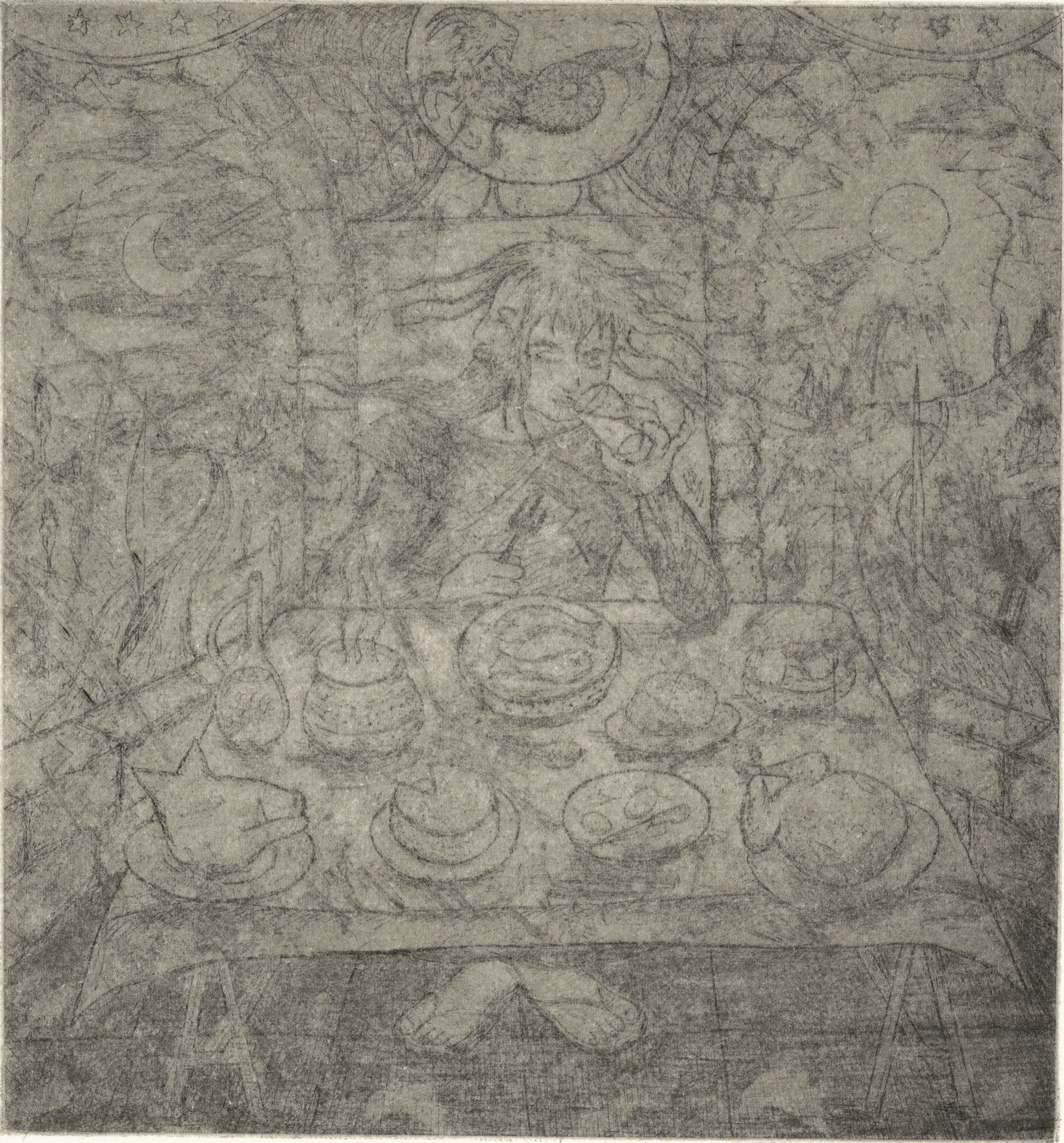 Oliver McConnie, Janus the Threshold Guardian, etching, 17 x 16cm, 2026. Plate mark crop.