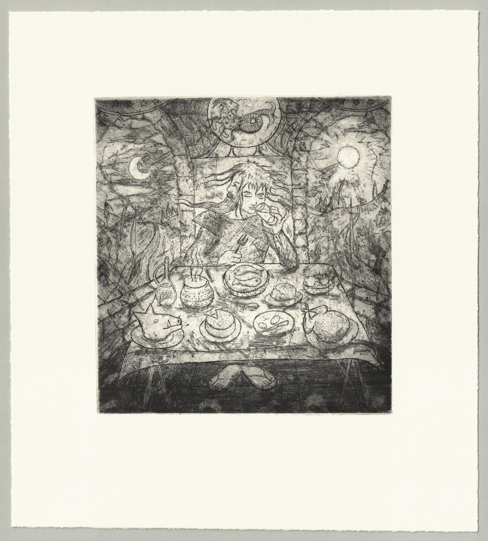 Oliver McConnie, Janus the Threshold Guardian, etching, 17 x 16cm, 2026. Full sheet.