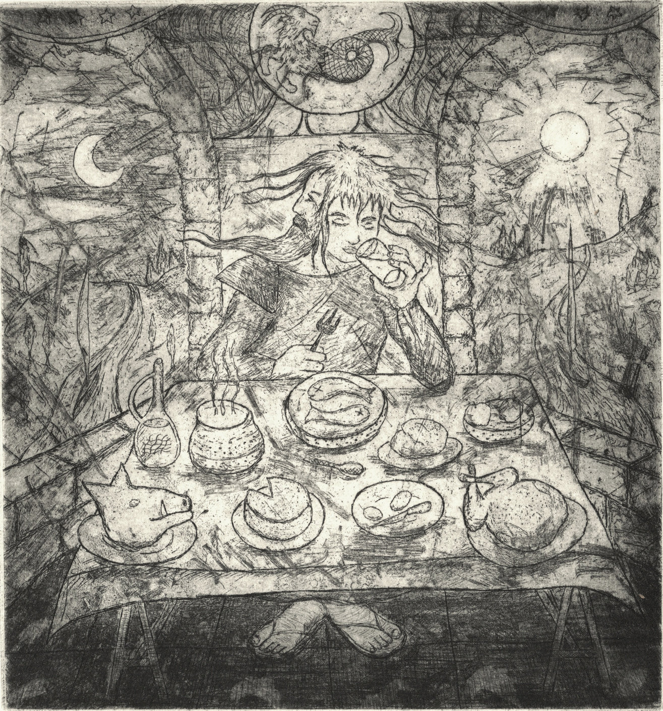 Oliver McConnie, Janus the Threshold Guardian, etching, 17 x 16cm, 2026. Plate mark crop.