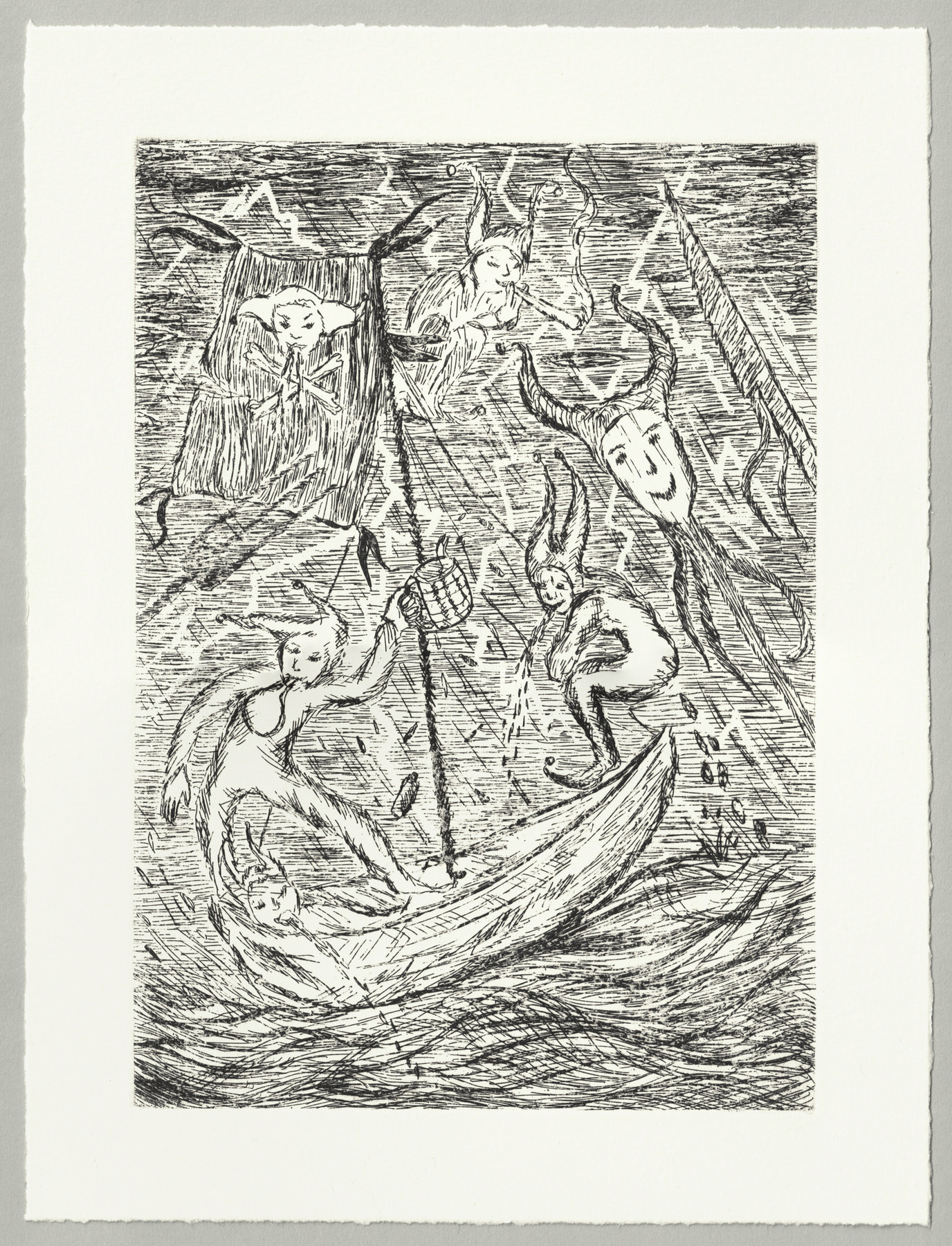 Oliver McConnie, Ship of Fools, etching, 22 x 16cm, 2025. Full sheet.