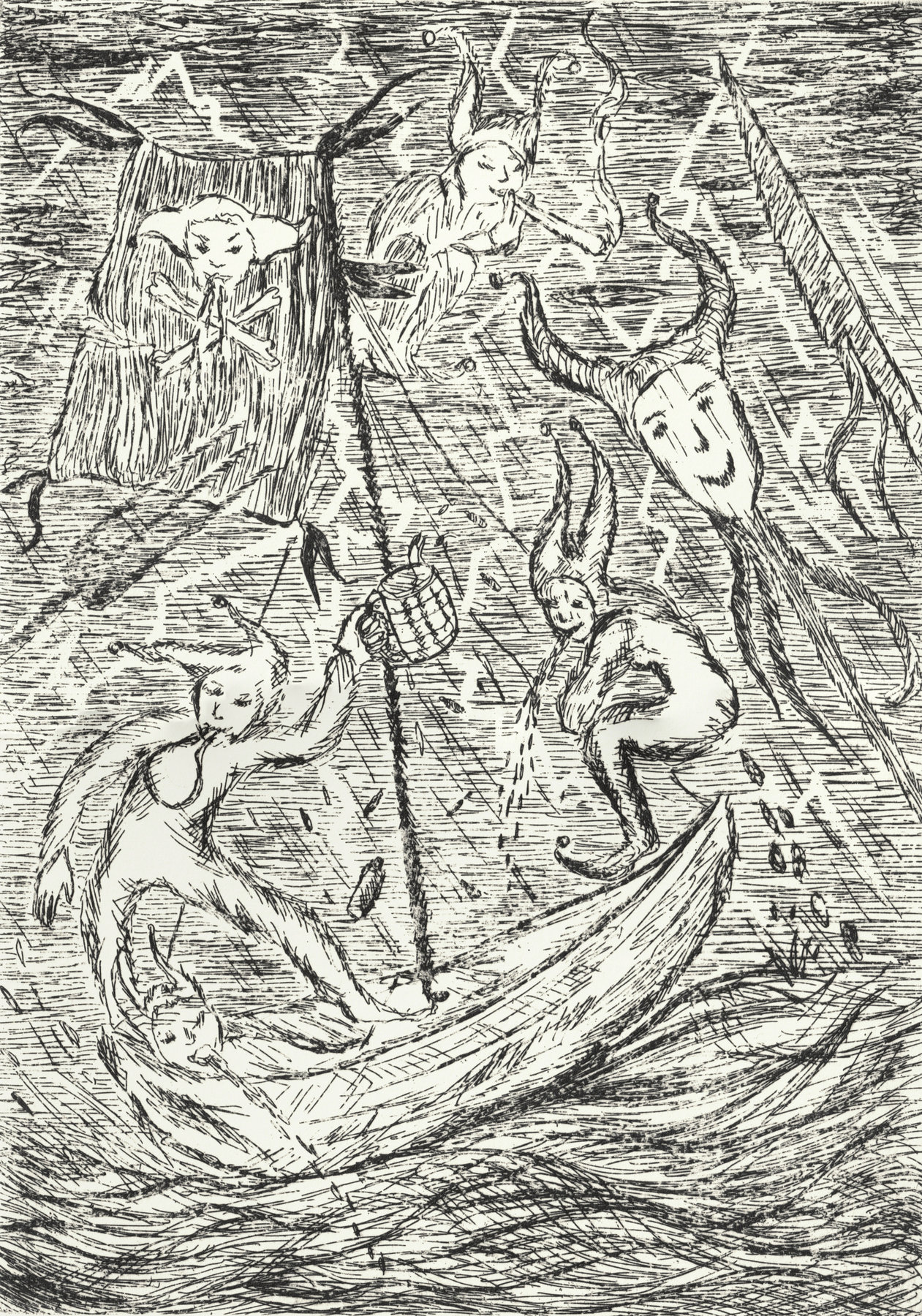 Oliver McConnie, Ship of Fools, etching, 22 x 16cm, 2025. Plate mark crop.