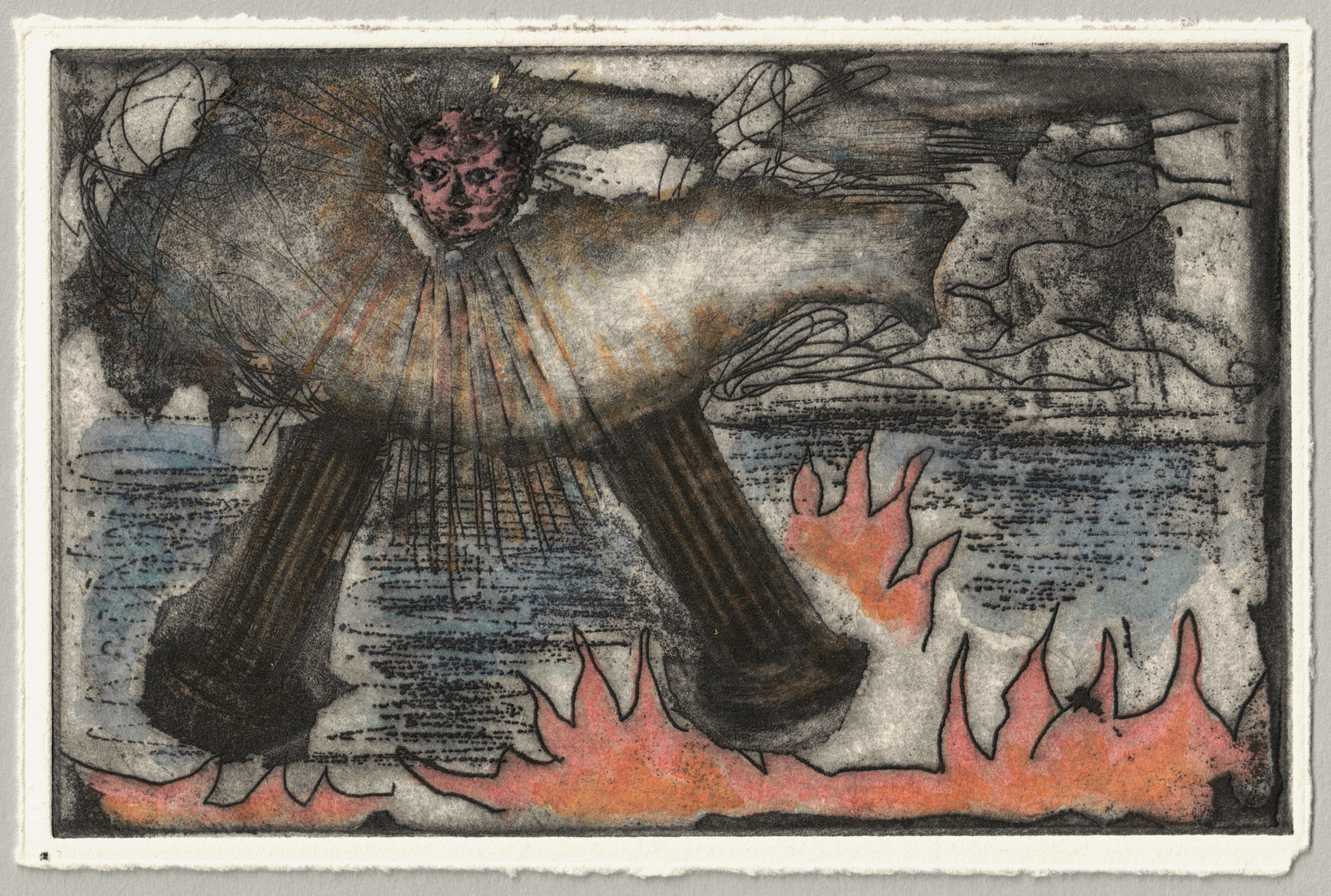 Oliver McConnie, St Johns Vision, etching, 9 x 14cm, 2014. Hand-coloured impression. Full sheet.