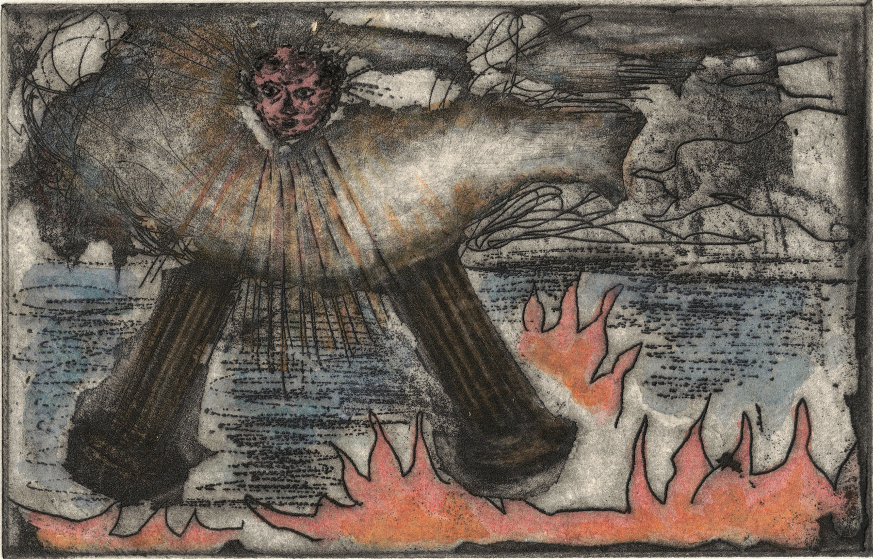 Oliver McConnie, St Johns Vision, etching, 9 x 14cm, 2014. Hand-coloured impression. Plate mark crop.