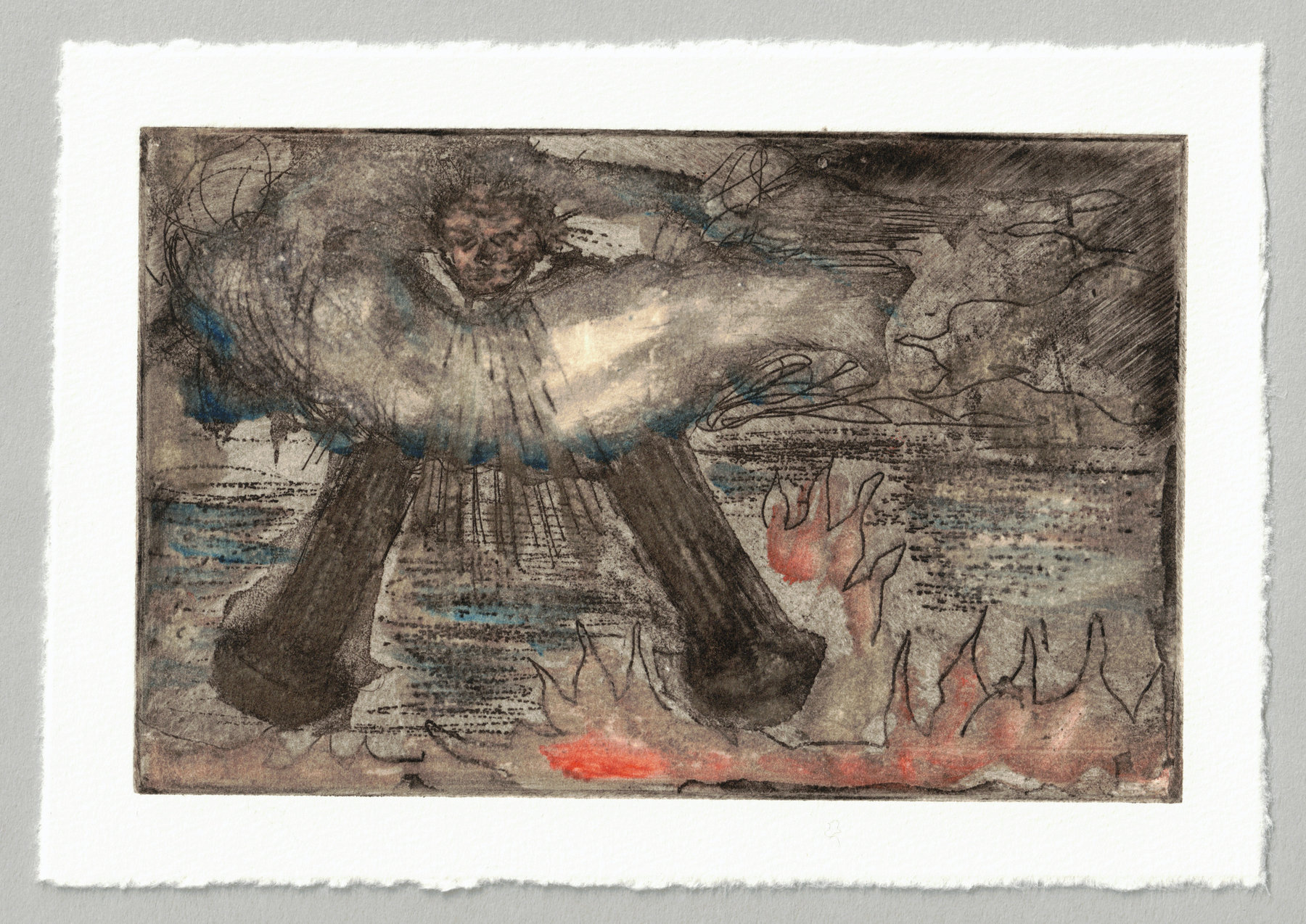 Oliver McConnie, St Johns Vision, etching, 9 x 14cm, 2014. Hand-coloured impression. Full sheet.