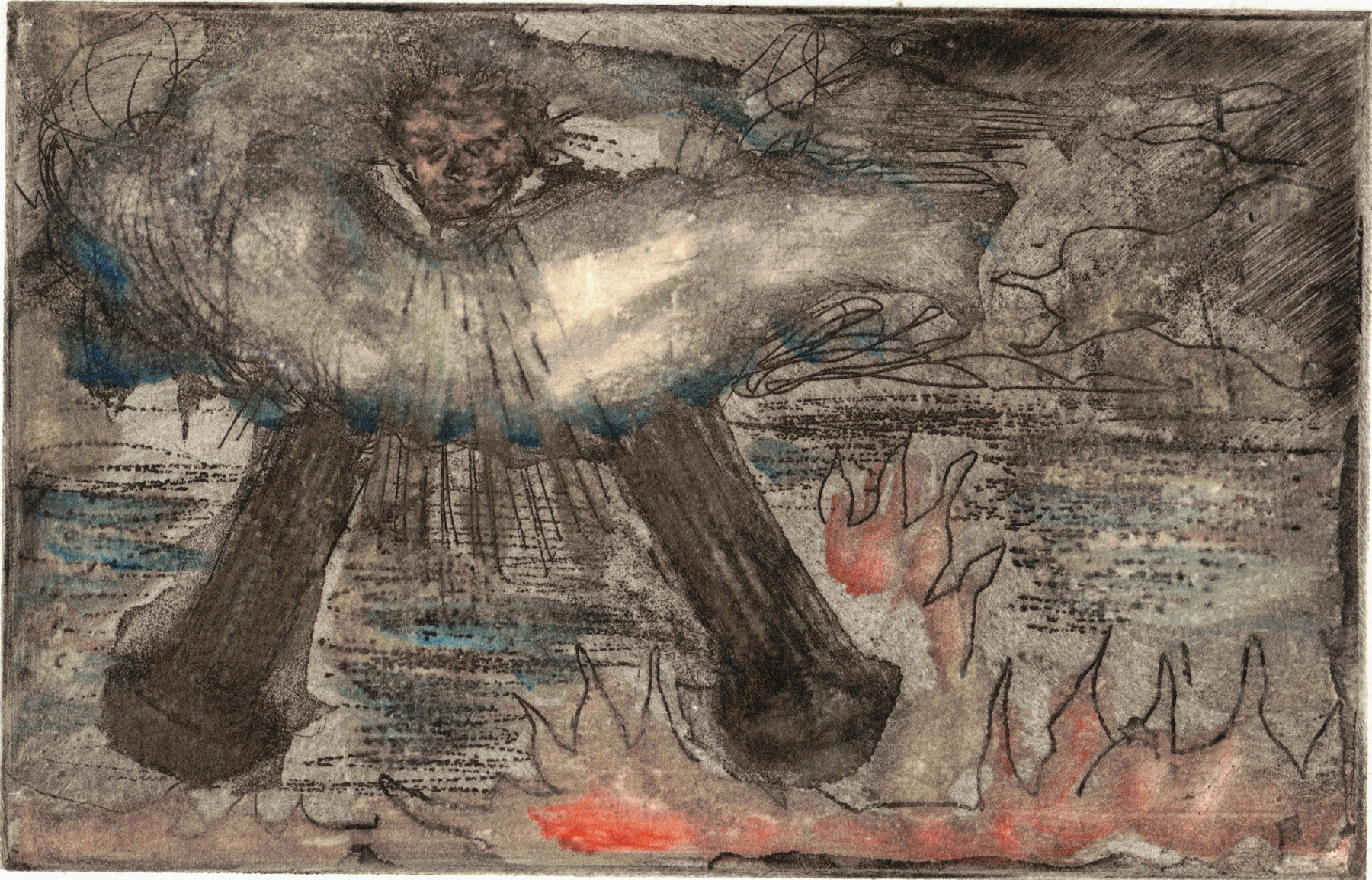 Oliver McConnie, St Johns Vision, etching, 9 x 14cm, 2014. Hand-coloured impression. Plate mark crop.