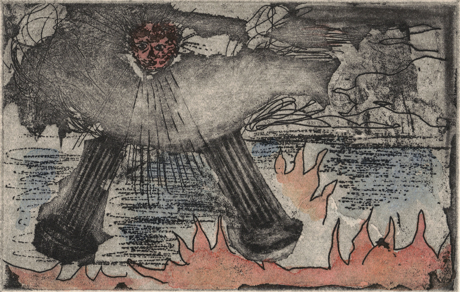 Oliver McConnie, St Johns Vision, etching, 9 x 14cm, 2014. Hand-coloured impression. Plate mark crop.
