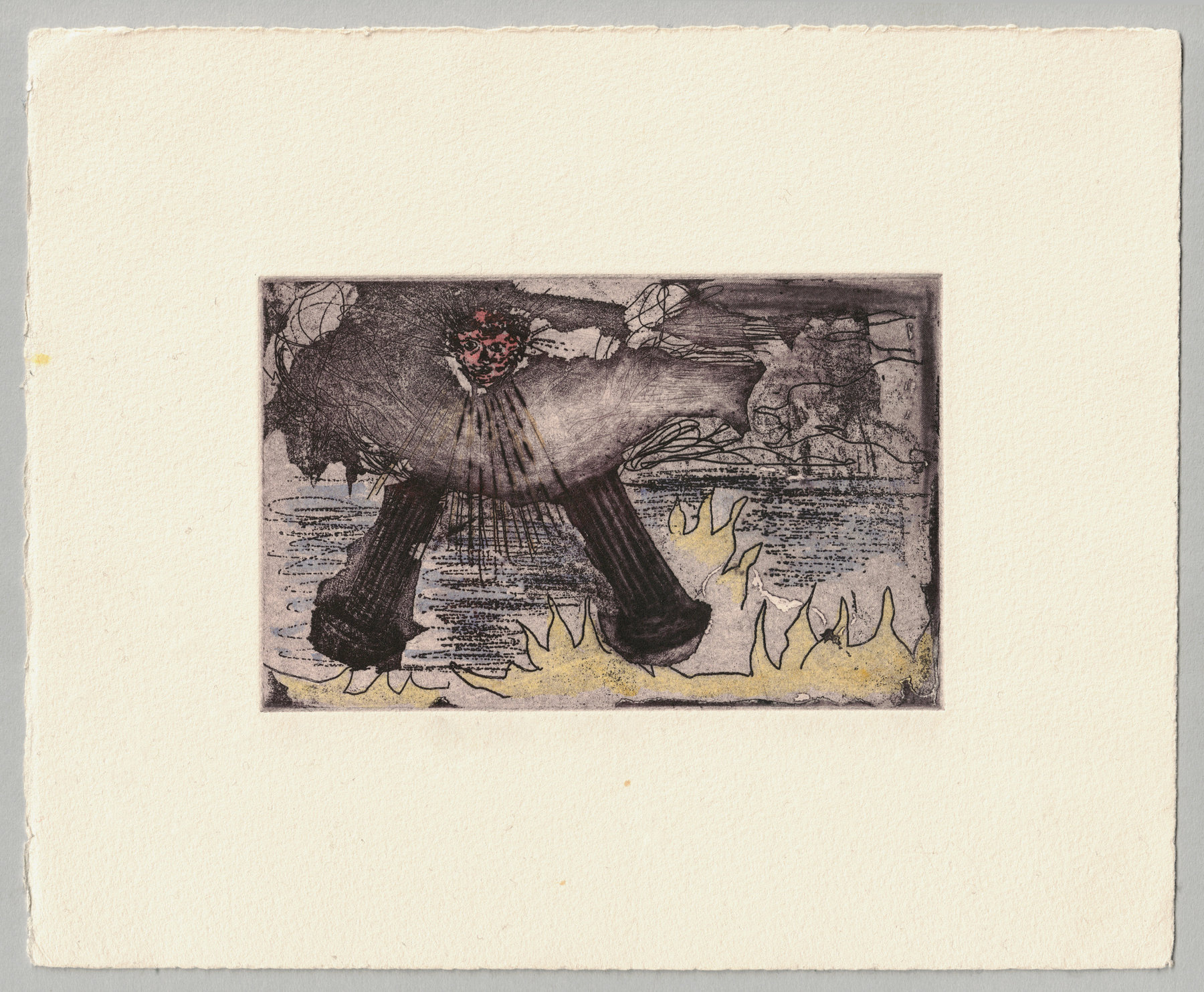 Oliver McConnie, St Johns Vision, etching, 9 x 14cm, 2014. Hand-coloured impression. Full sheet.