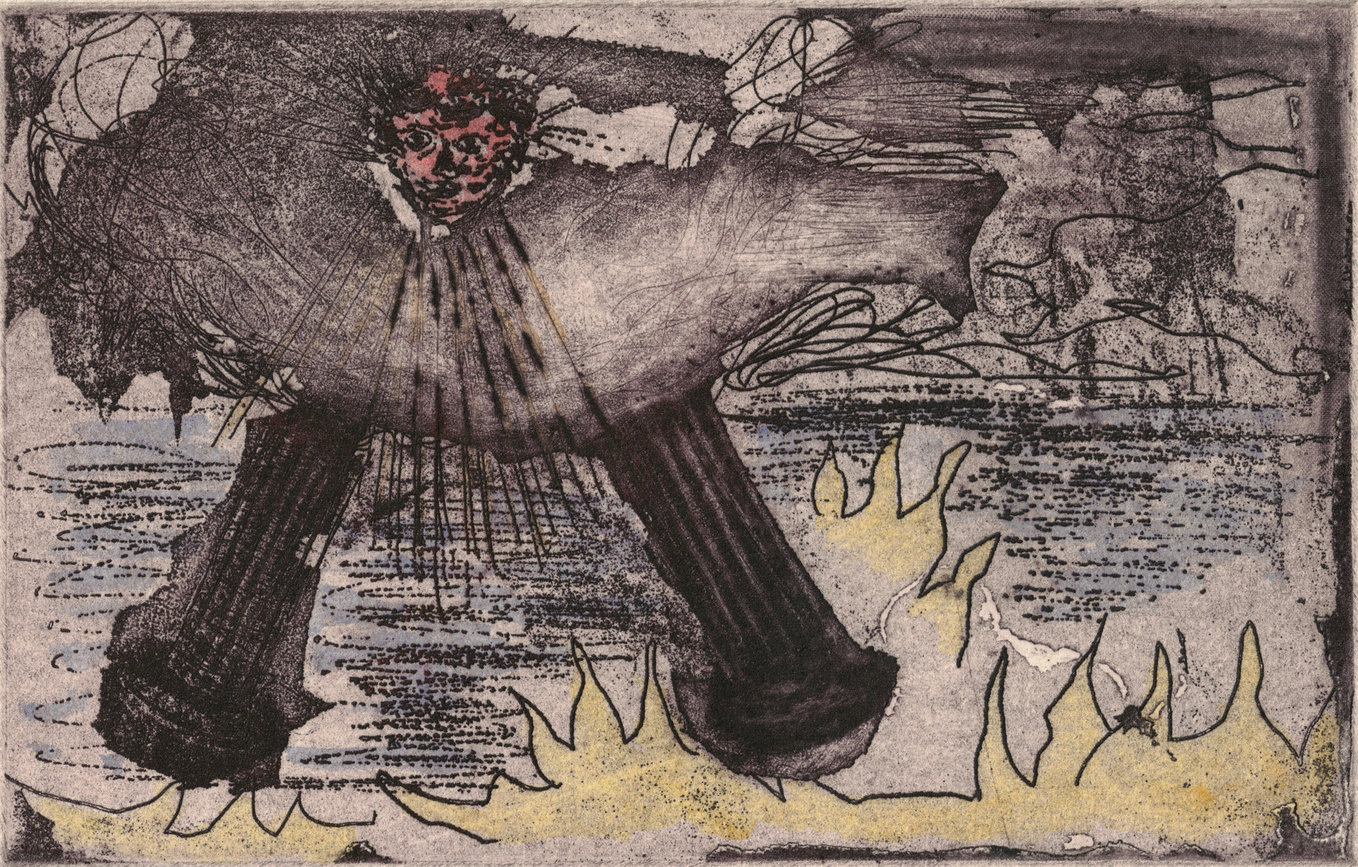 Oliver McConnie, St Johns Vision, etching, 9 x 14cm, 2014. Hand-coloured impression. Plate mark crop.