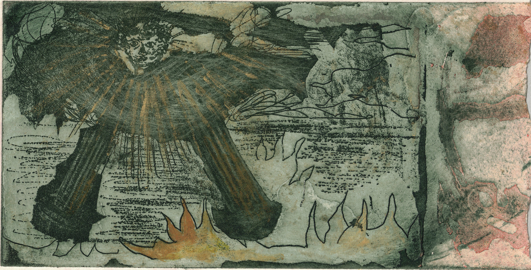 Oliver McConnie, St Johns Vision, etching, 9 x 14cm, 2014. State proof. Plate mark crop.