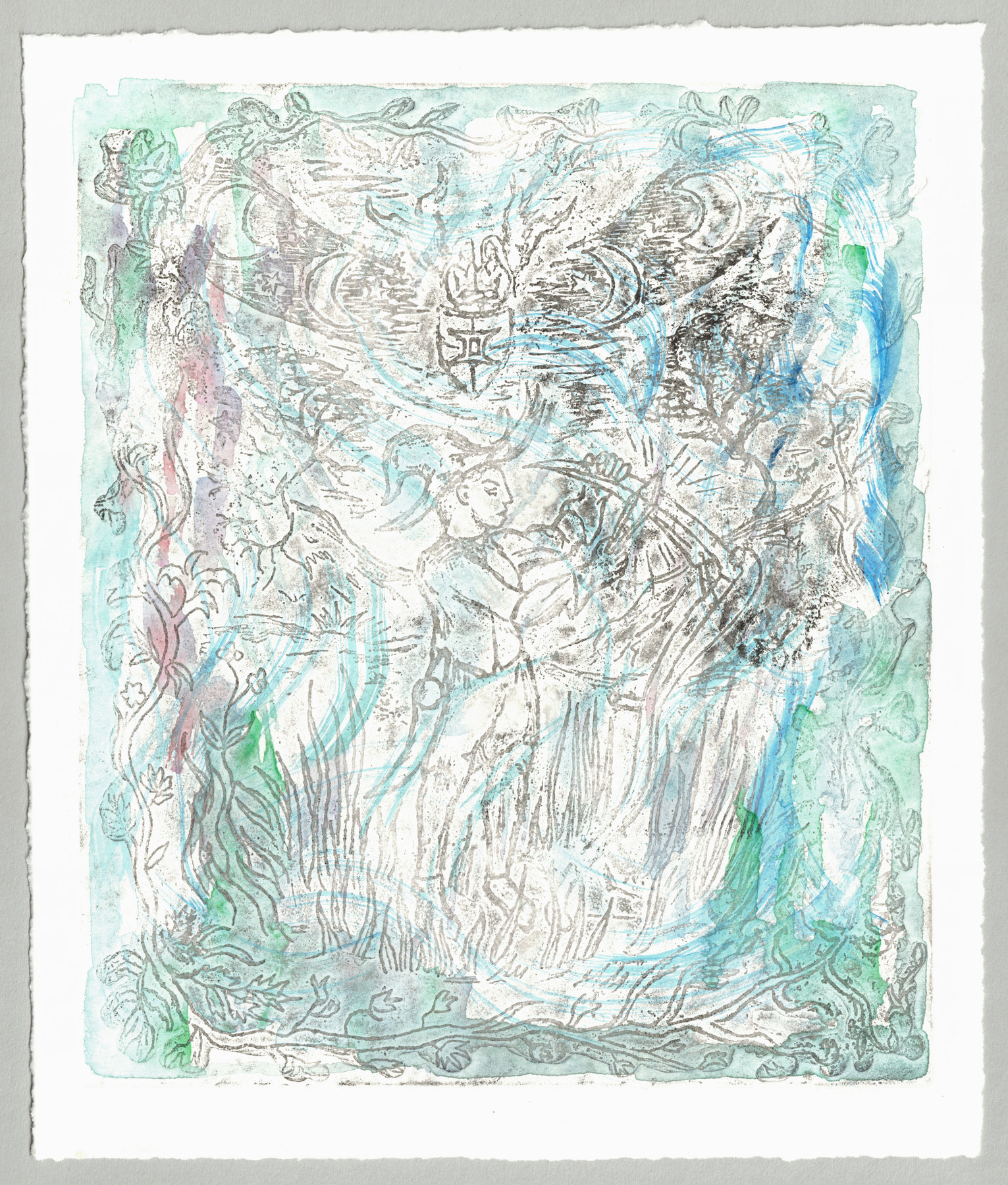 Oliver McConnie, The Horning of the Crescent Blade, relief etching, 22 x 18cm, 2025. Full sheet.