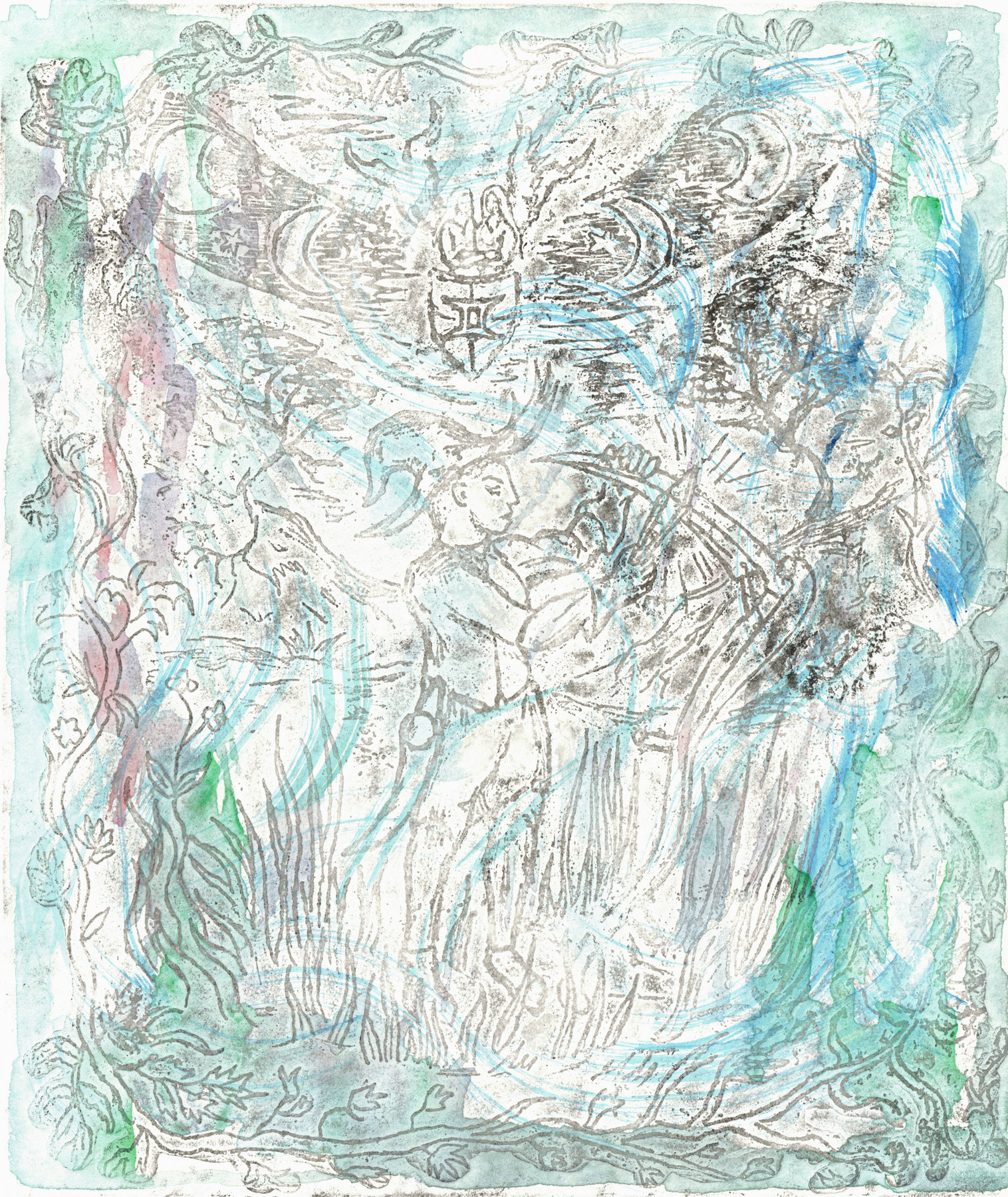 Oliver McConnie, The Horning of the Crescent Blade, relief etching, 22 x 18cm, 2025. Plate mark crop.