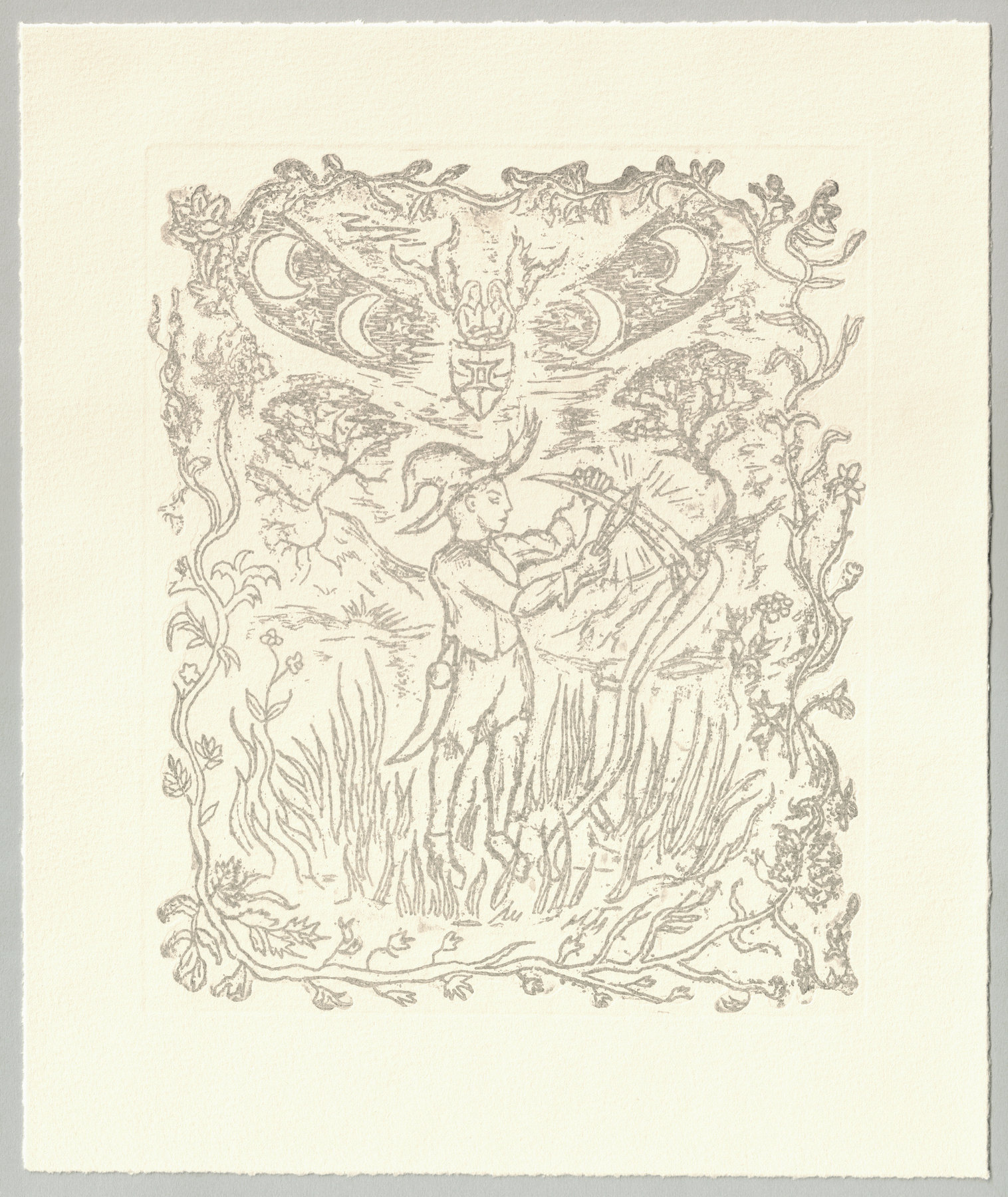 Oliver McConnie, The Horning of the Crescent Blade, relief etching, 22 x 18cm, 2025. Full sheet.