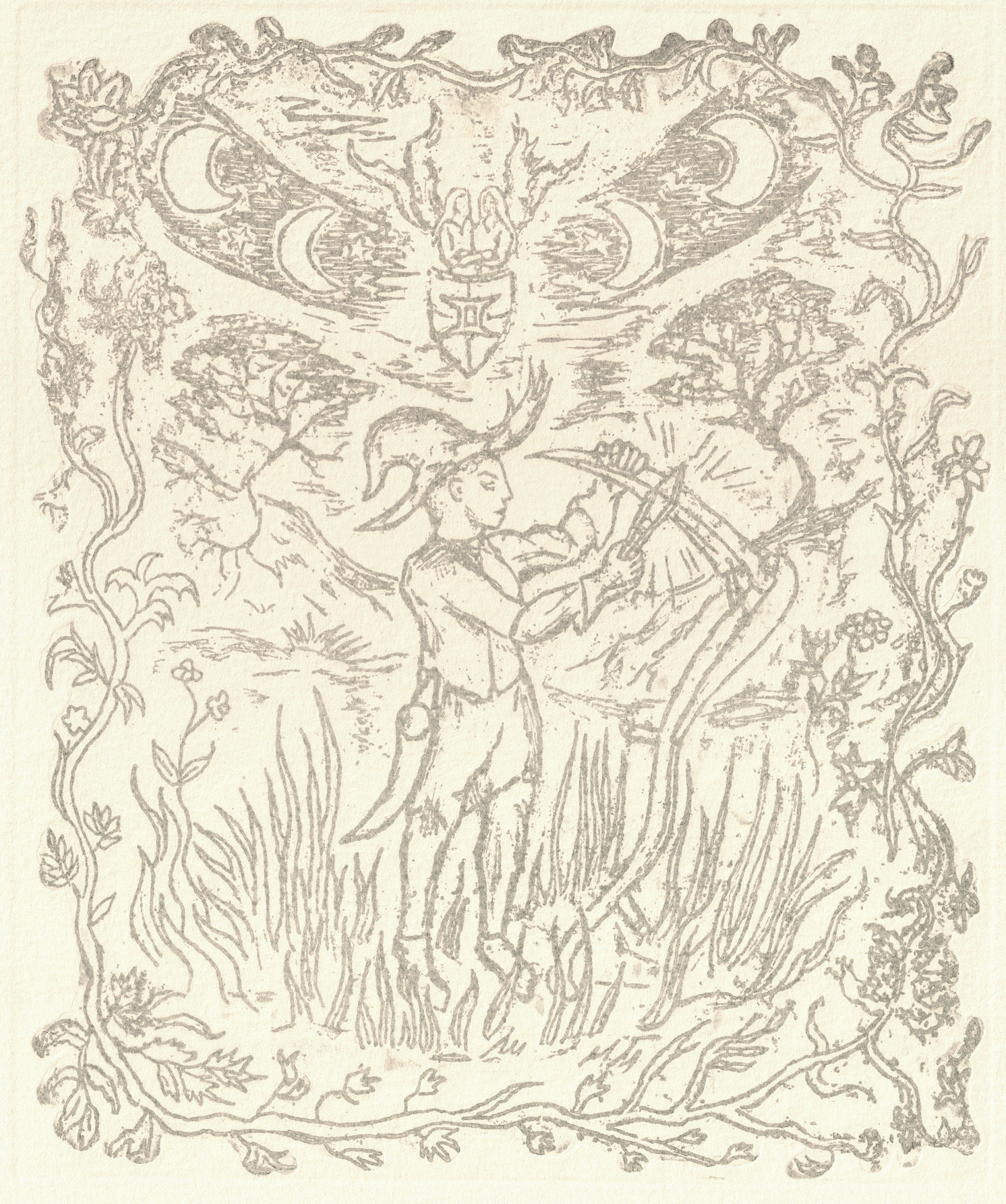 Oliver McConnie, The Horning of the Crescent Blade, relief etching, 22 x 18cm, 2025. Plate mark crop.