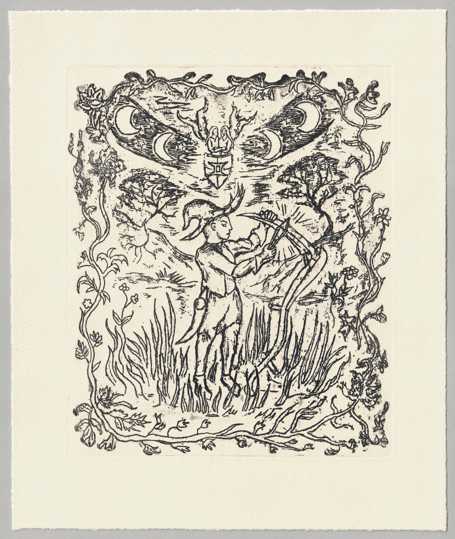 Oliver McConnie, The Horning of the Crescent Blade, relief etching, 22 x 18cm, 2025. Full sheet.