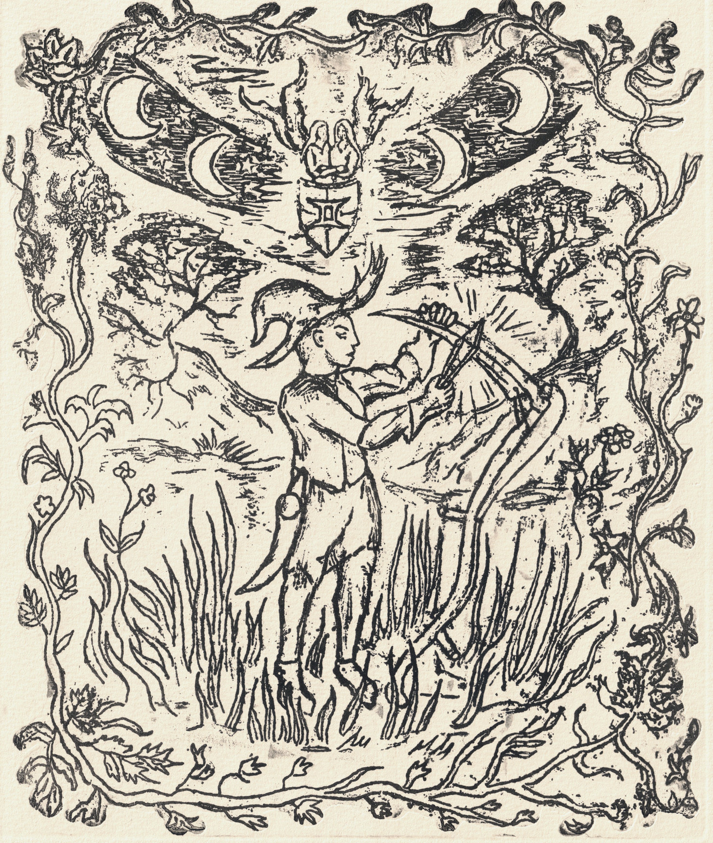 Oliver McConnie, The Horning of the Crescent Blade, relief etching, 22 x 18cm, 2025. Plate mark crop.
