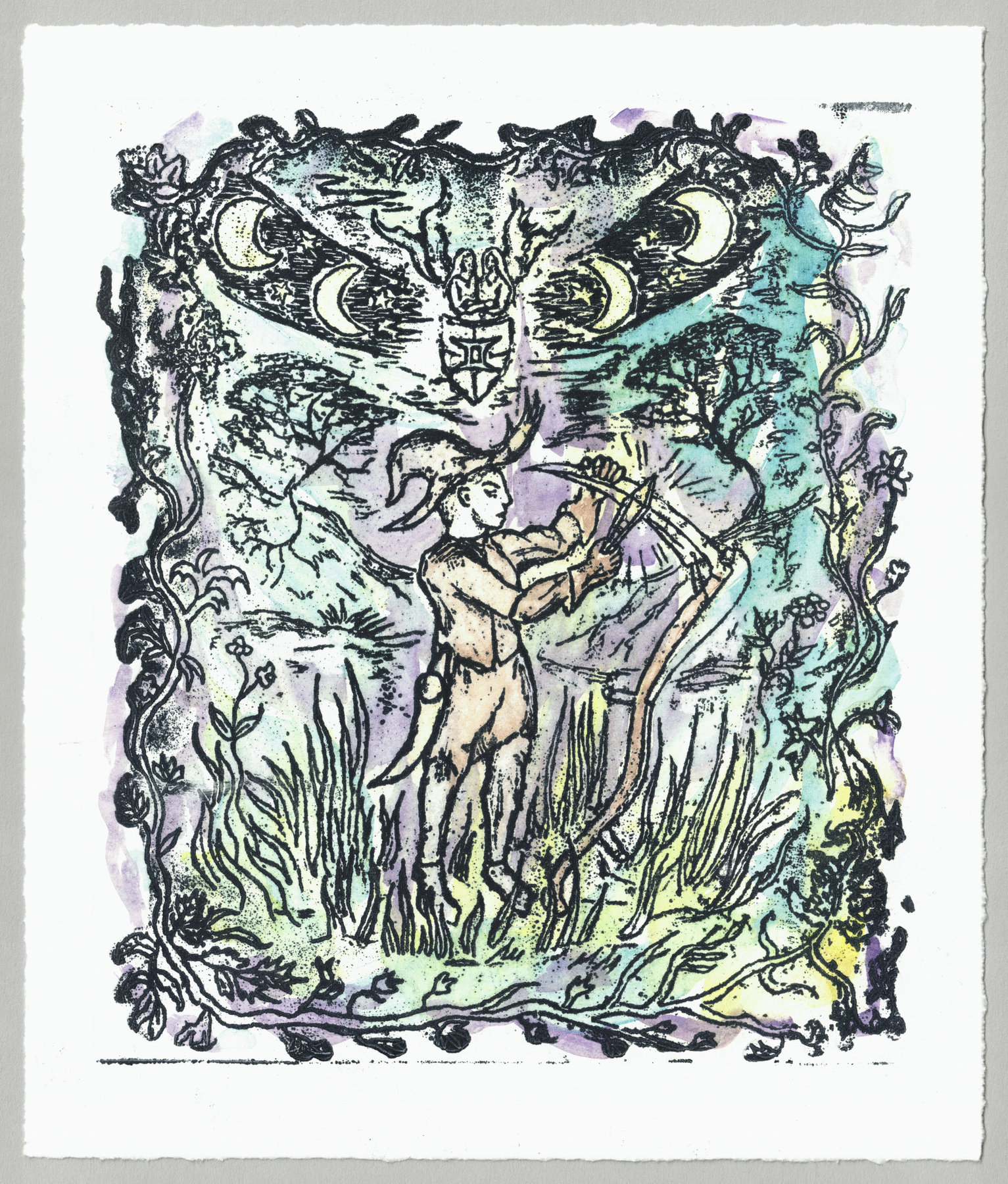 Oliver McConnie, The Horning of the Crescent Blade, relief etching, 22 x 18cm, 2025. Full sheet.
