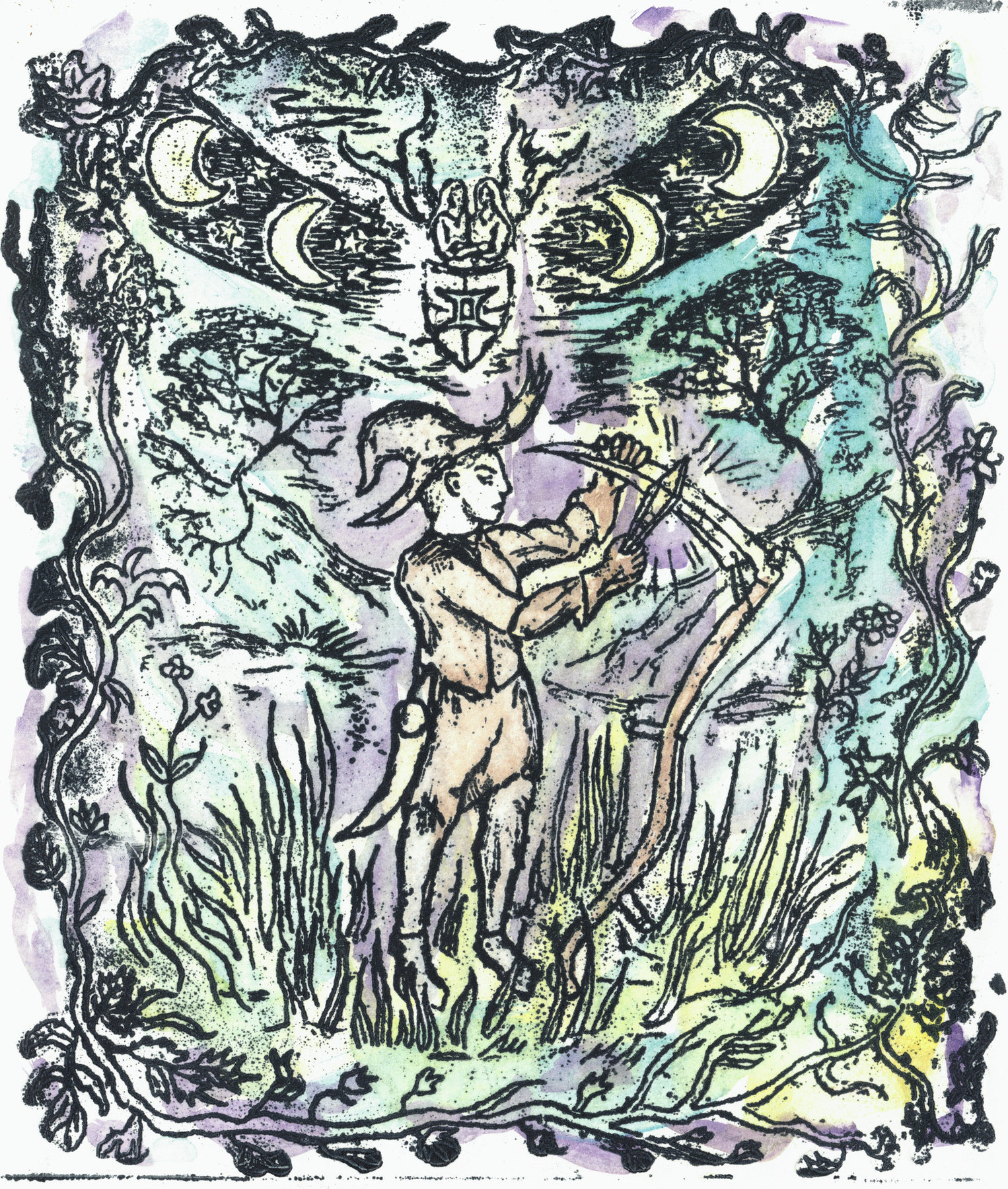 Oliver McConnie, The Horning of the Crescent Blade, relief etching, 22 x 18cm, 2025. Plate mark crop.