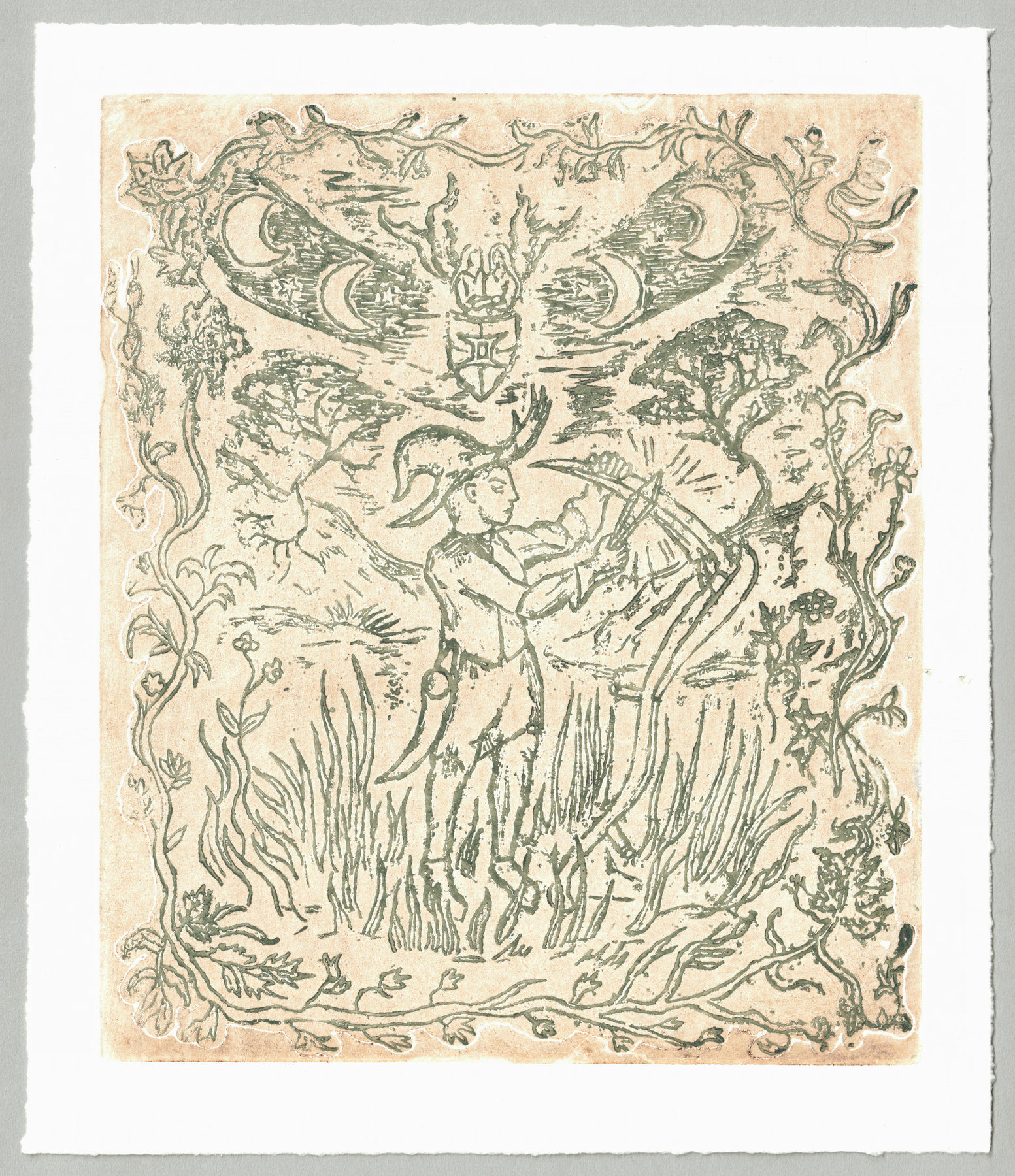 Oliver McConnie, The Horning of the Crescent Blade, relief etching, 22 x 18cm, 2025. Full sheet.