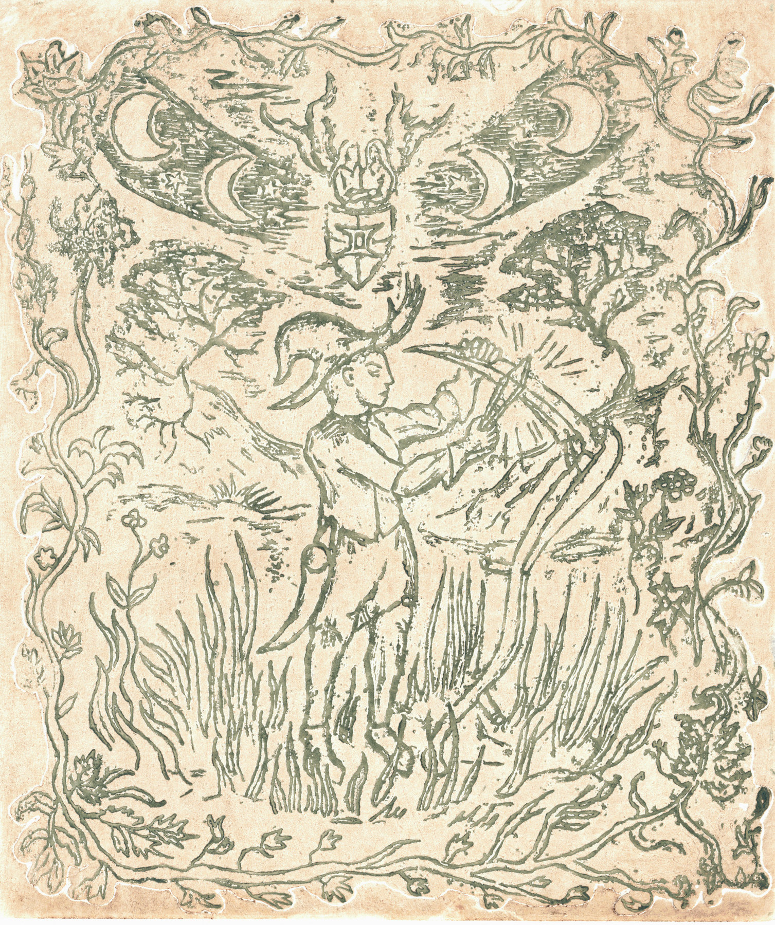 Oliver McConnie, The Horning of the Crescent Blade, relief etching, 22 x 18cm, 2025. Plate mark crop.