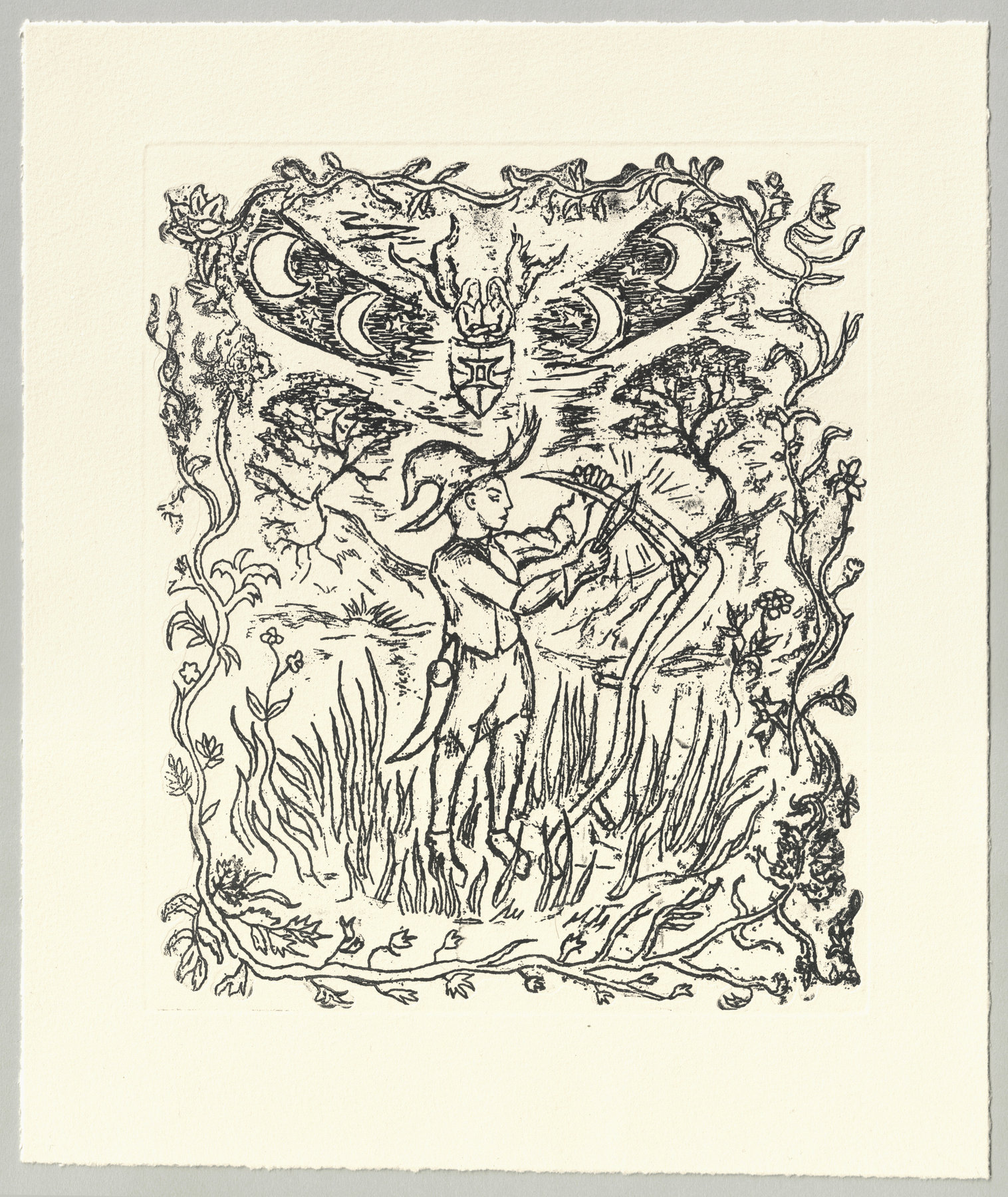 Oliver McConnie, The Horning of the Crescent Blade, relief etching, 22 x 18cm, 2025. Full sheet.