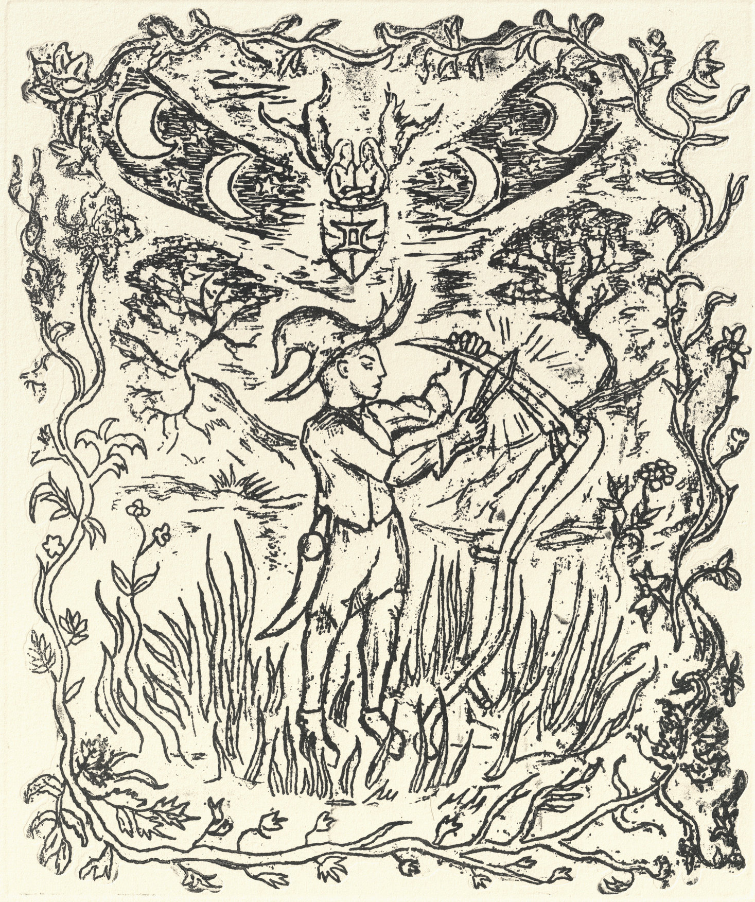 Oliver McConnie, The Horning of the Crescent Blade, relief etching, 22 x 18cm, 2025. Plate mark crop.