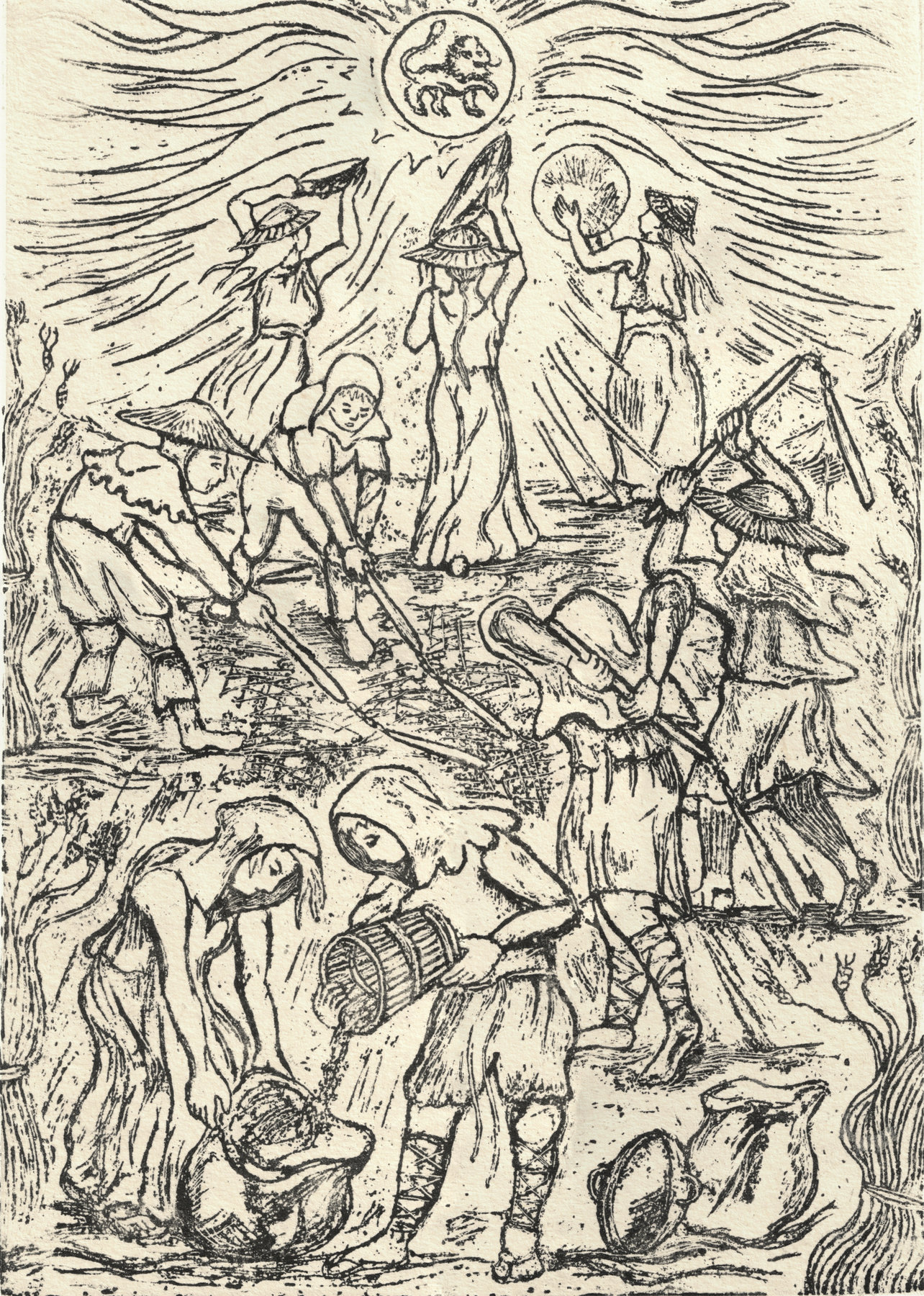 Oliver McConnie, The Miller's Prelude, relief etching, 28 x 19cm, 2026. Plate mark crop.